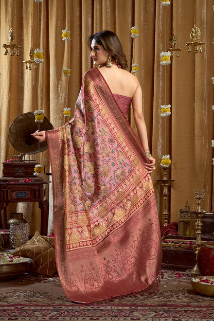 Monjolika Fashion Onion Pink Banarasi Cotton Silk Blend Digital Print Saree With Blouse Piece