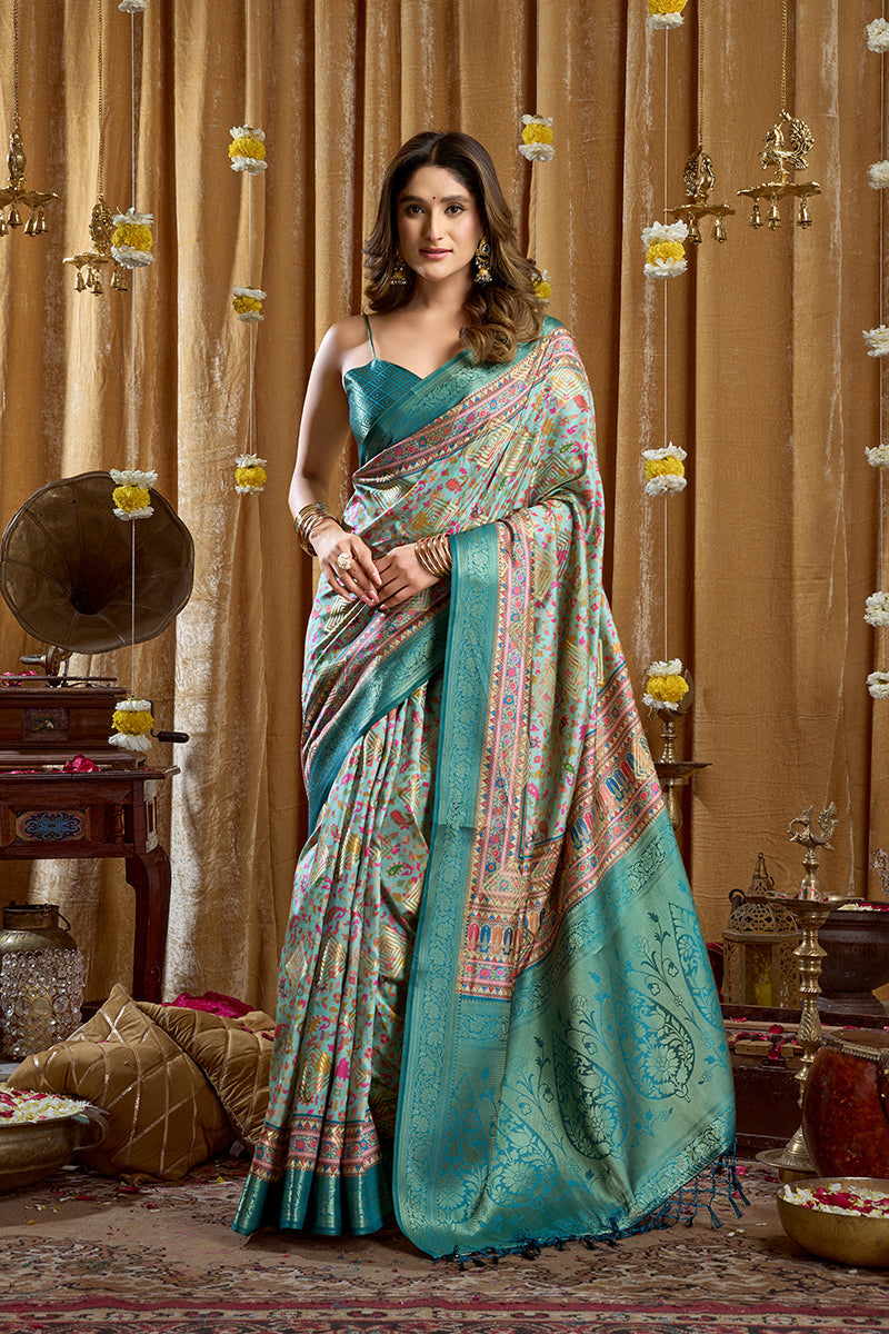 Monjolika Fashion Aqua Blue Banarasi Cotton Silk Blend Digital Print Saree With Blouse Piece