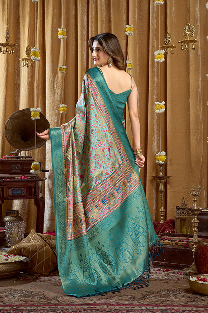 Monjolika Fashion Aqua Blue Banarasi Cotton Silk Blend Digital Print Saree With Blouse Piece
