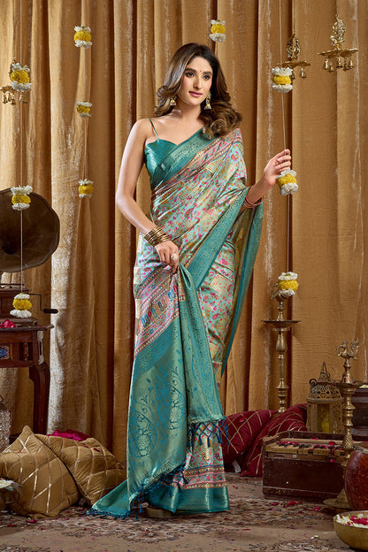 Monjolika Fashion Aqua Blue Banarasi Cotton Silk Blend Digital Print Saree With Blouse Piece