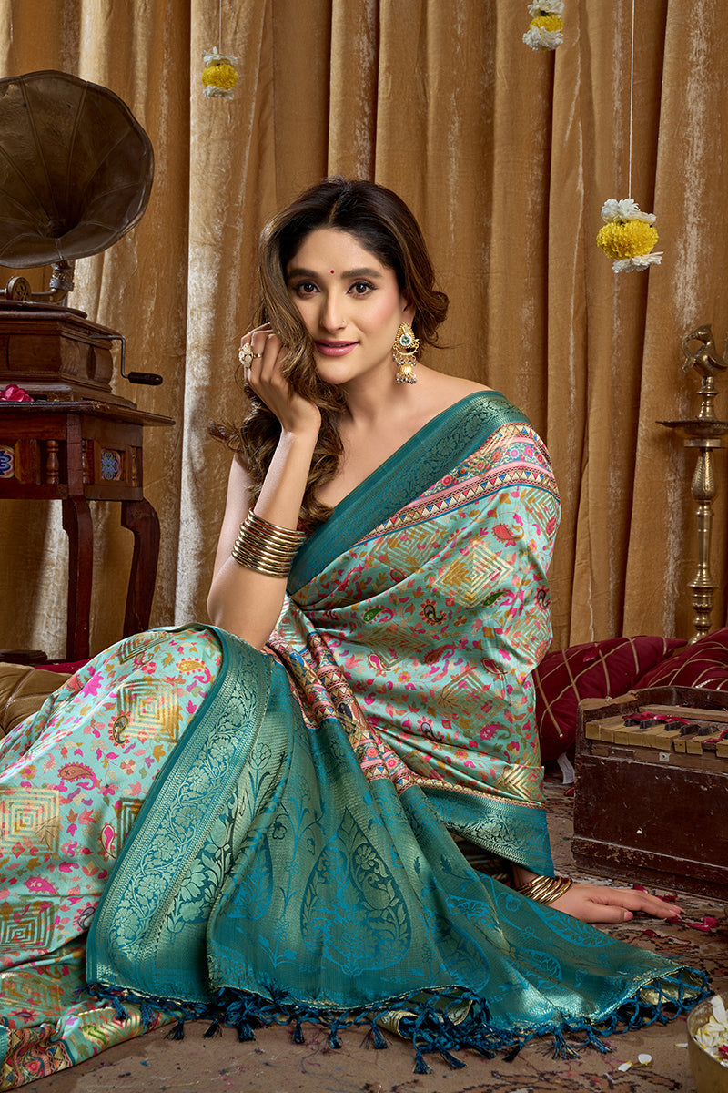 Monjolika Fashion Aqua Blue Banarasi Cotton Silk Blend Digital Print Saree With Blouse Piece