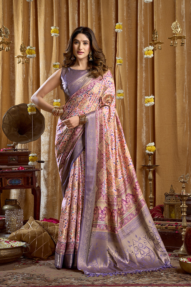 Monjolika Fashion Lavender Purple Banarasi Cotton Silk Blend Digital Print Saree With Blouse Piece