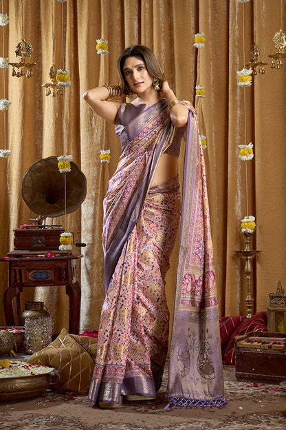 Monjolika Fashion Lavender Purple Banarasi Cotton Silk Blend Digital Print Saree With Blouse Piece