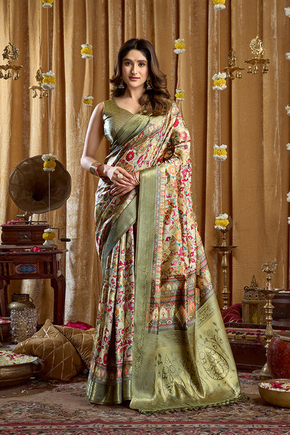 Monjolika Fashion Olive Green Banarasi Cotton Silk Blend Digital Print Saree With Blouse Piece