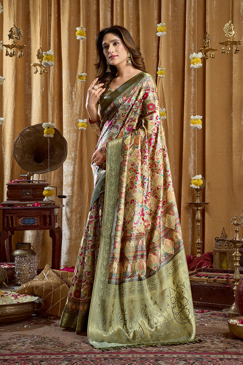 Monjolika Fashion Olive Green Banarasi Cotton Silk Blend Digital Print Saree With Blouse Piece