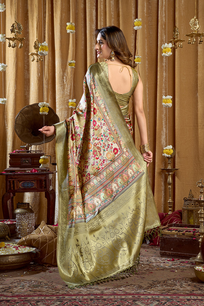 Monjolika Fashion Olive Green Banarasi Cotton Silk Blend Digital Print Saree With Blouse Piece