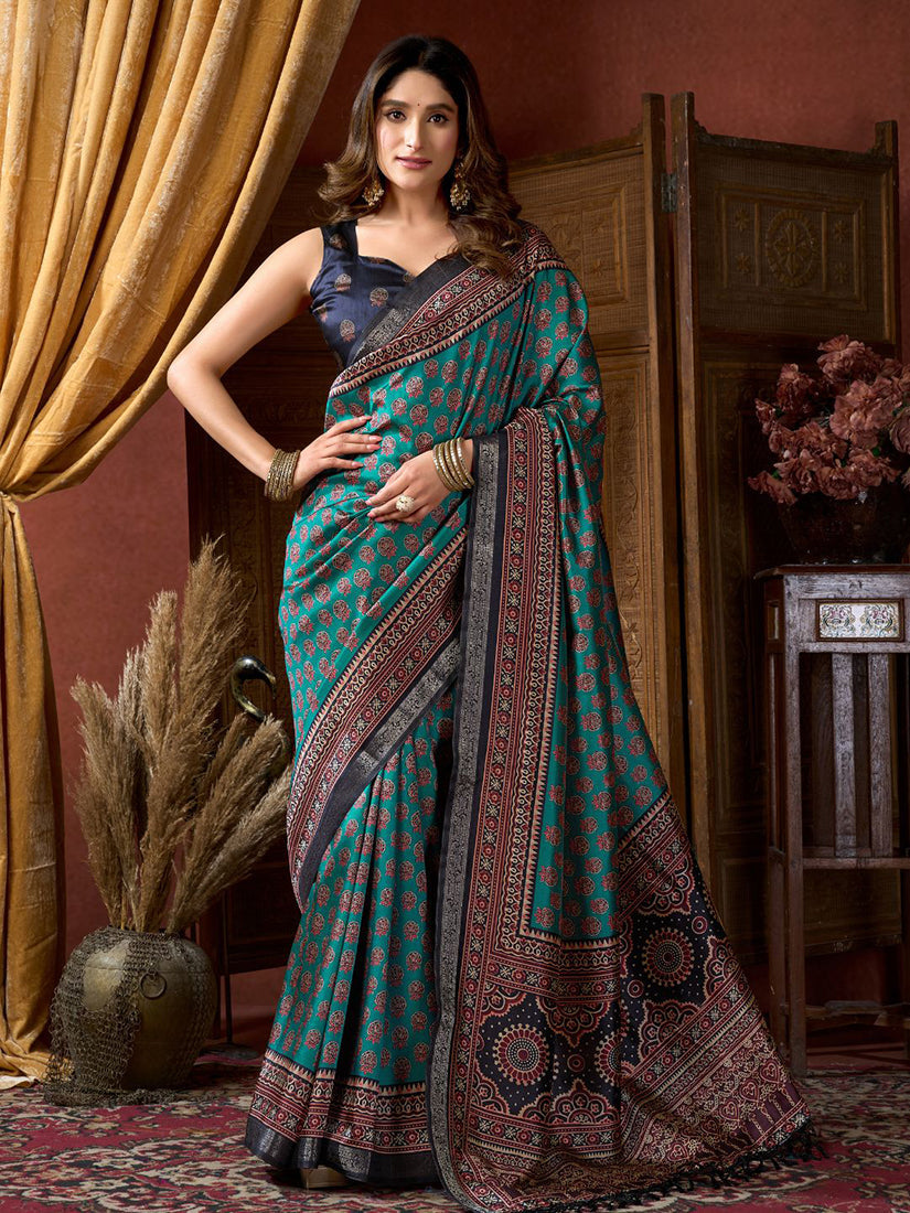 Monjolika Fashion Teal Faux Crepe Silk Printed Saree with Blouse Piece