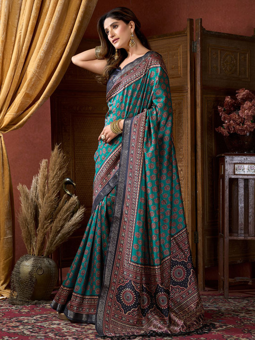 Monjolika Fashion Teal Faux Crepe Silk Printed Saree with Blouse Piece