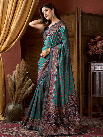 Monjolika Fashion Teal Faux Crepe Silk Printed Saree with Blouse Piece