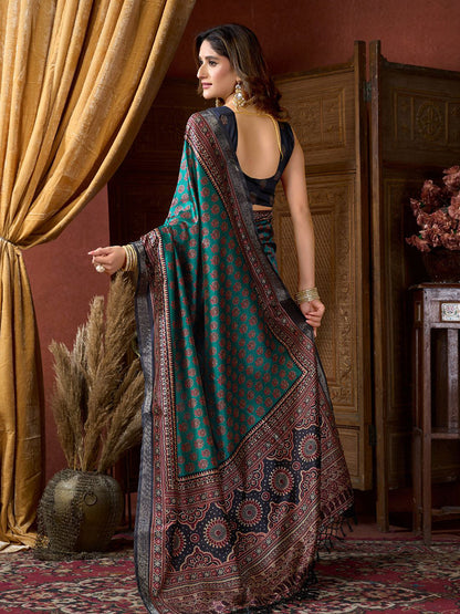 Monjolika Fashion Teal Faux Crepe Silk Printed Saree with Blouse Piece