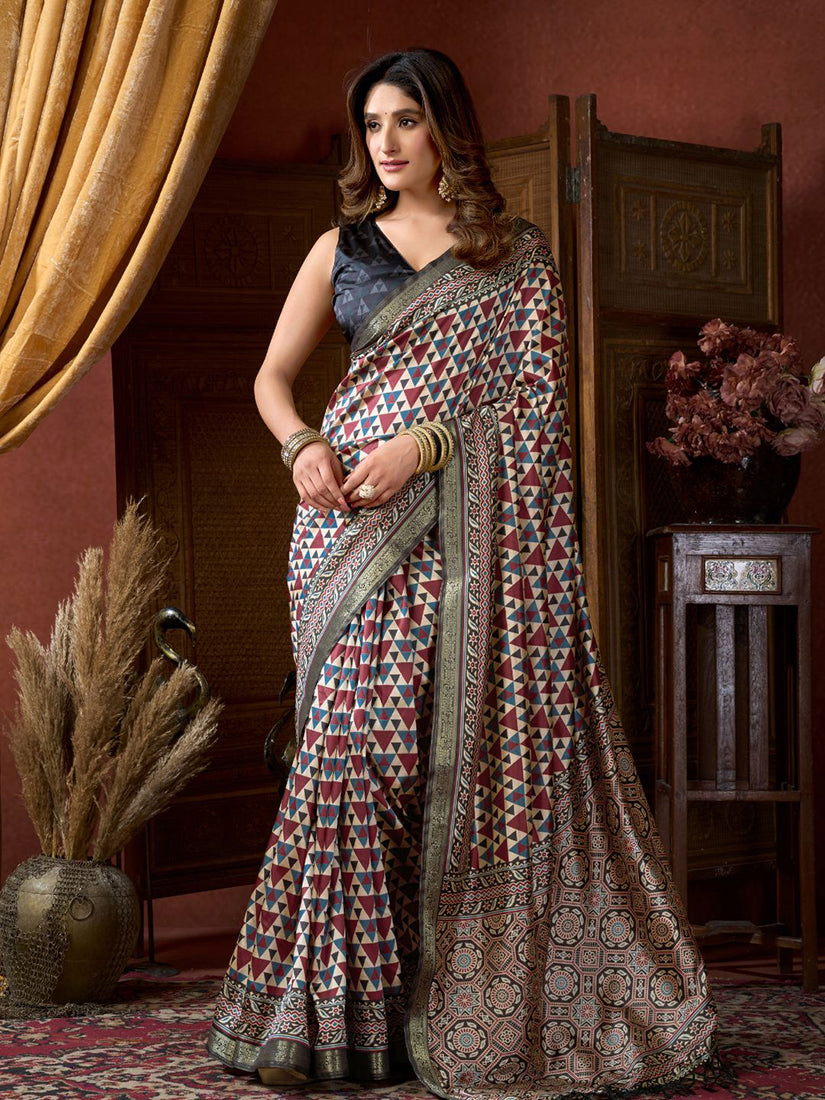 Monjolika Fashion Multicolor Faux Crepe Silk Printed Saree with Blouse Piece