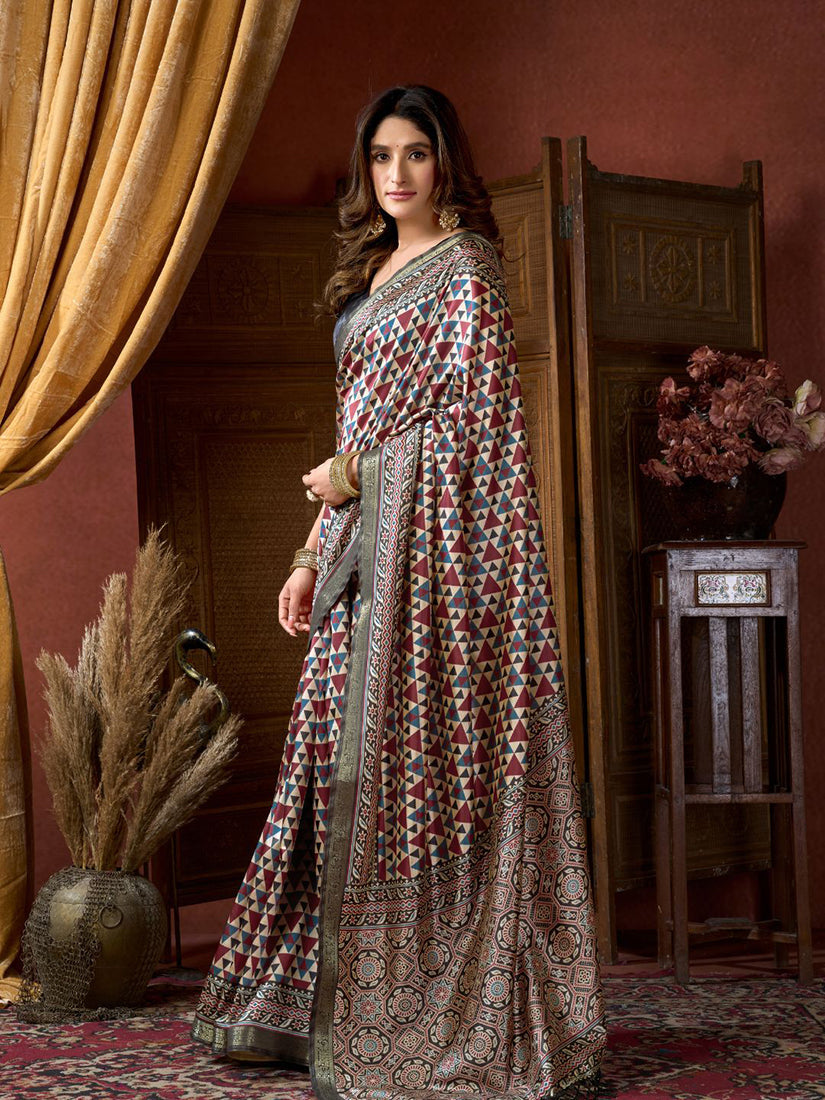 Monjolika Fashion Multicolor Faux Crepe Silk Printed Saree with Blouse Piece