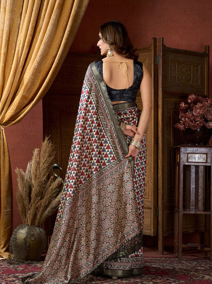Monjolika Fashion Multicolor Faux Crepe Silk Printed Saree with Blouse Piece