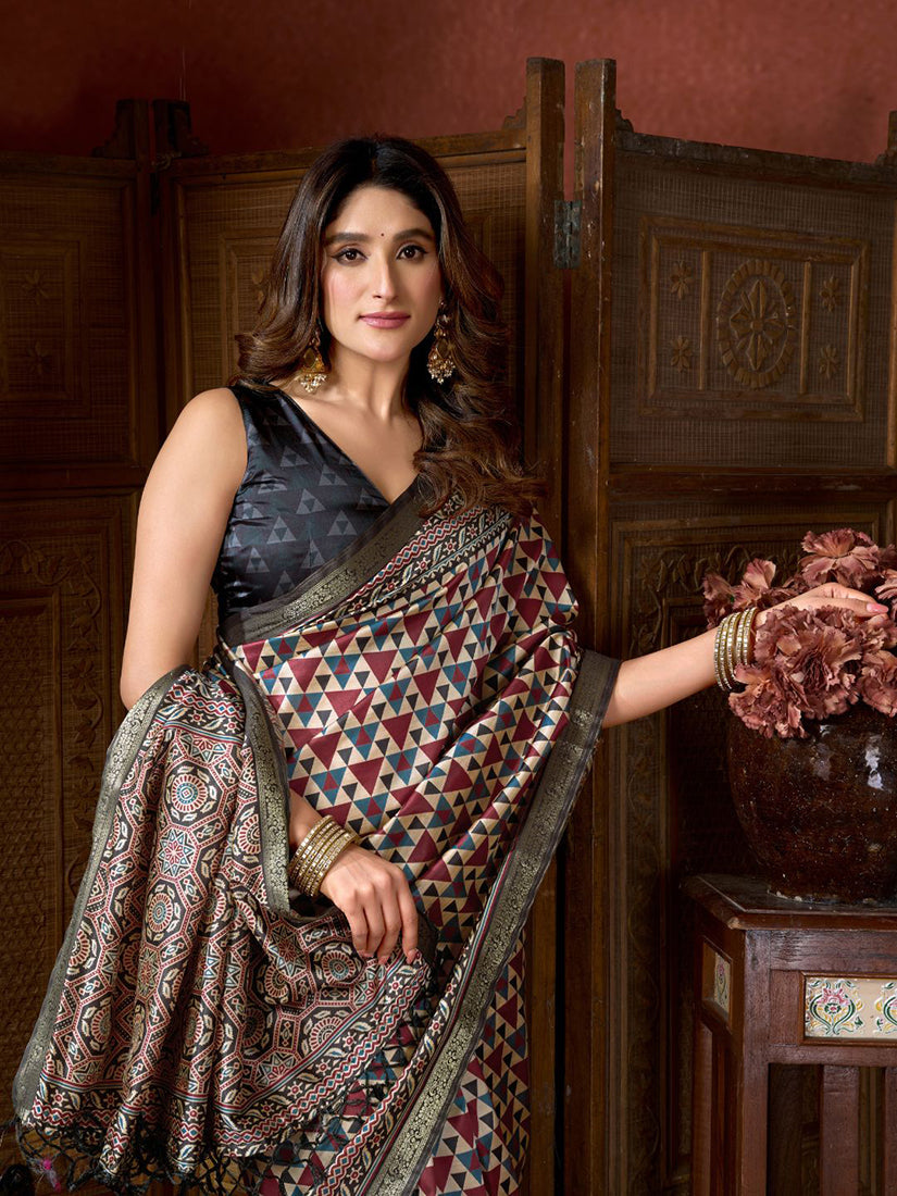 Monjolika Fashion Multicolor Faux Crepe Silk Printed Saree with Blouse Piece