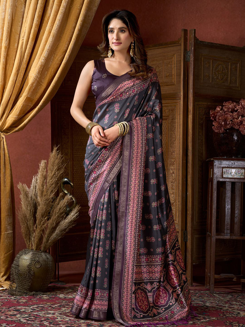 Monjolika Fashion Black Faux Crepe Silk Printed Saree with Blouse Piece