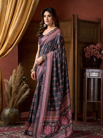 Monjolika Fashion Black Faux Crepe Silk Printed Saree with Blouse Piece