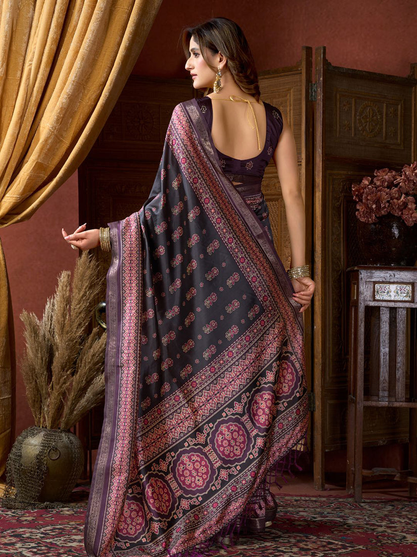 Monjolika Fashion Black Faux Crepe Silk Printed Saree with Blouse Piece