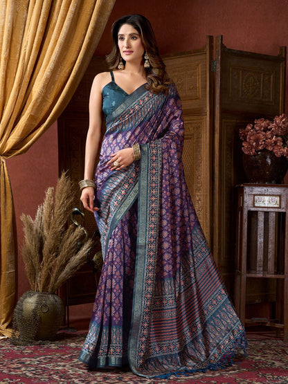 Monjolika Fashion Purple Faux Crepe Silk Printed Saree with Blouse Piece