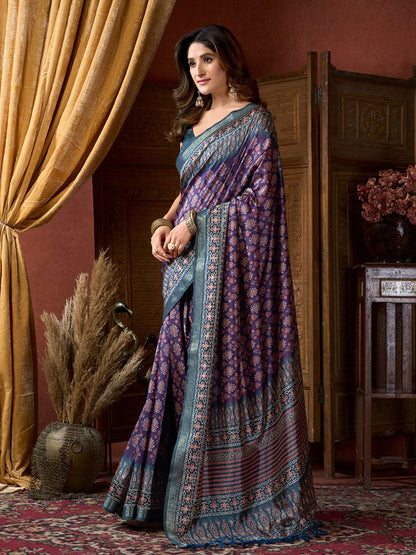 Monjolika Fashion Purple Faux Crepe Silk Printed Saree with Blouse Piece