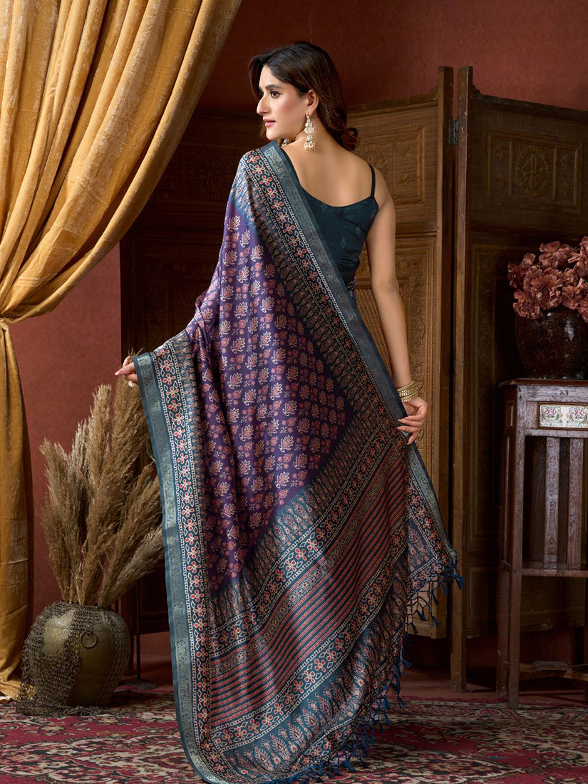 Monjolika Fashion Purple Faux Crepe Silk Printed Saree with Blouse Piece