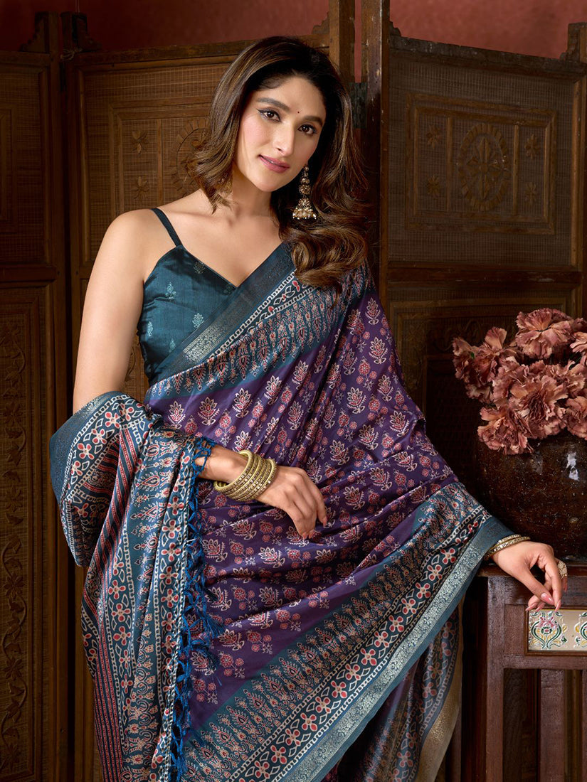 Monjolika Fashion Purple Faux Crepe Silk Printed Saree with Blouse Piece