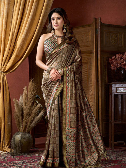 Monjolika Fashion Brown Faux Crepe Silk Printed Saree with Blouse Piece