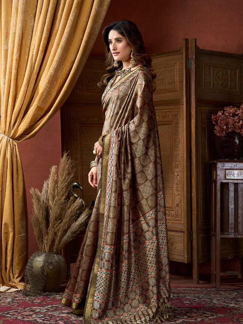 Monjolika Fashion Brown Faux Crepe Silk Printed Saree with Blouse Piece