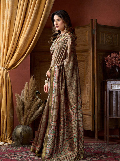 Monjolika Fashion Brown Faux Crepe Silk Printed Saree with Blouse Piece