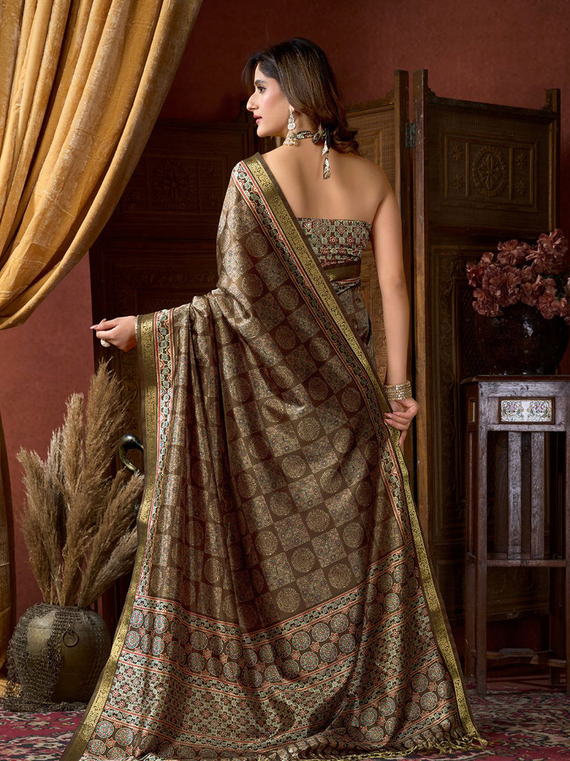 Monjolika Fashion Brown Faux Crepe Silk Printed Saree with Blouse Piece