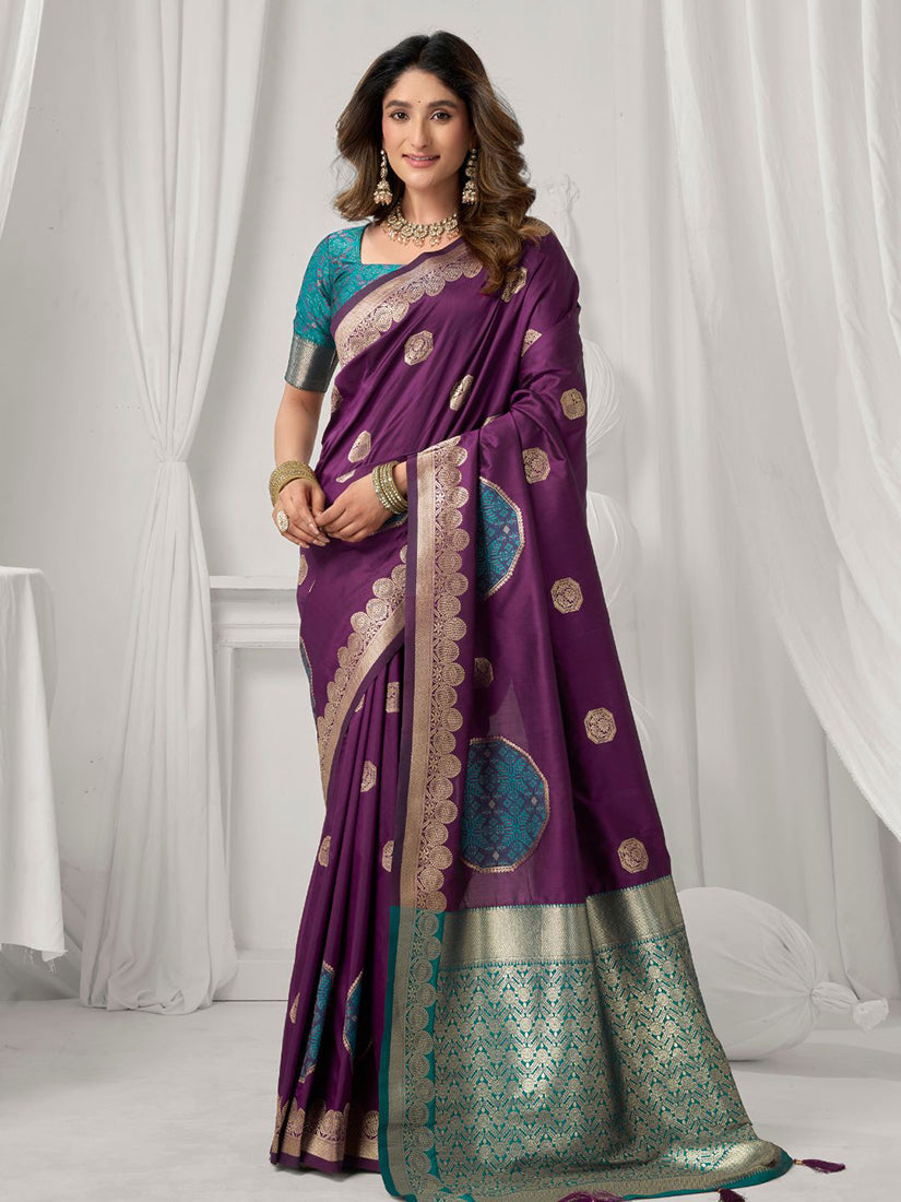 Monjolika Fashion Purple Soft Banarasi Silk Blend Zari Woven Saree with Blouse Piece