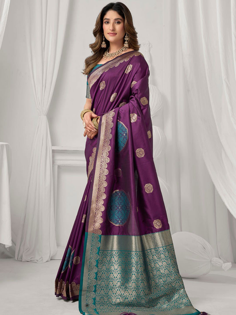 Monjolika Fashion Purple Soft Banarasi Silk Blend Zari Woven Saree with Blouse Piece
