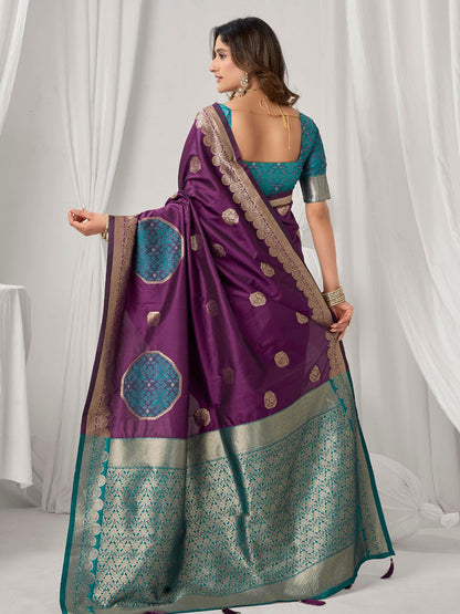 Monjolika Fashion Purple Soft Banarasi Silk Blend Zari Woven Saree with Blouse Piece