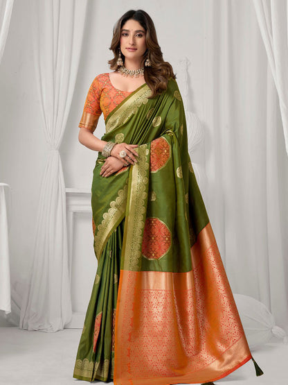 Monjolika Fashion Mehendi Green Soft Banarasi Silk Blend Zari Woven Saree with Blouse Piece