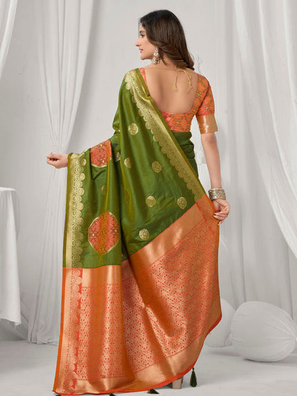 Monjolika Fashion Mehendi Green Soft Banarasi Silk Blend Zari Woven Saree with Blouse Piece