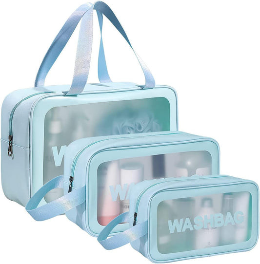 Sky Blue Translucent Waterproof Travel Wash Bag Set of 3