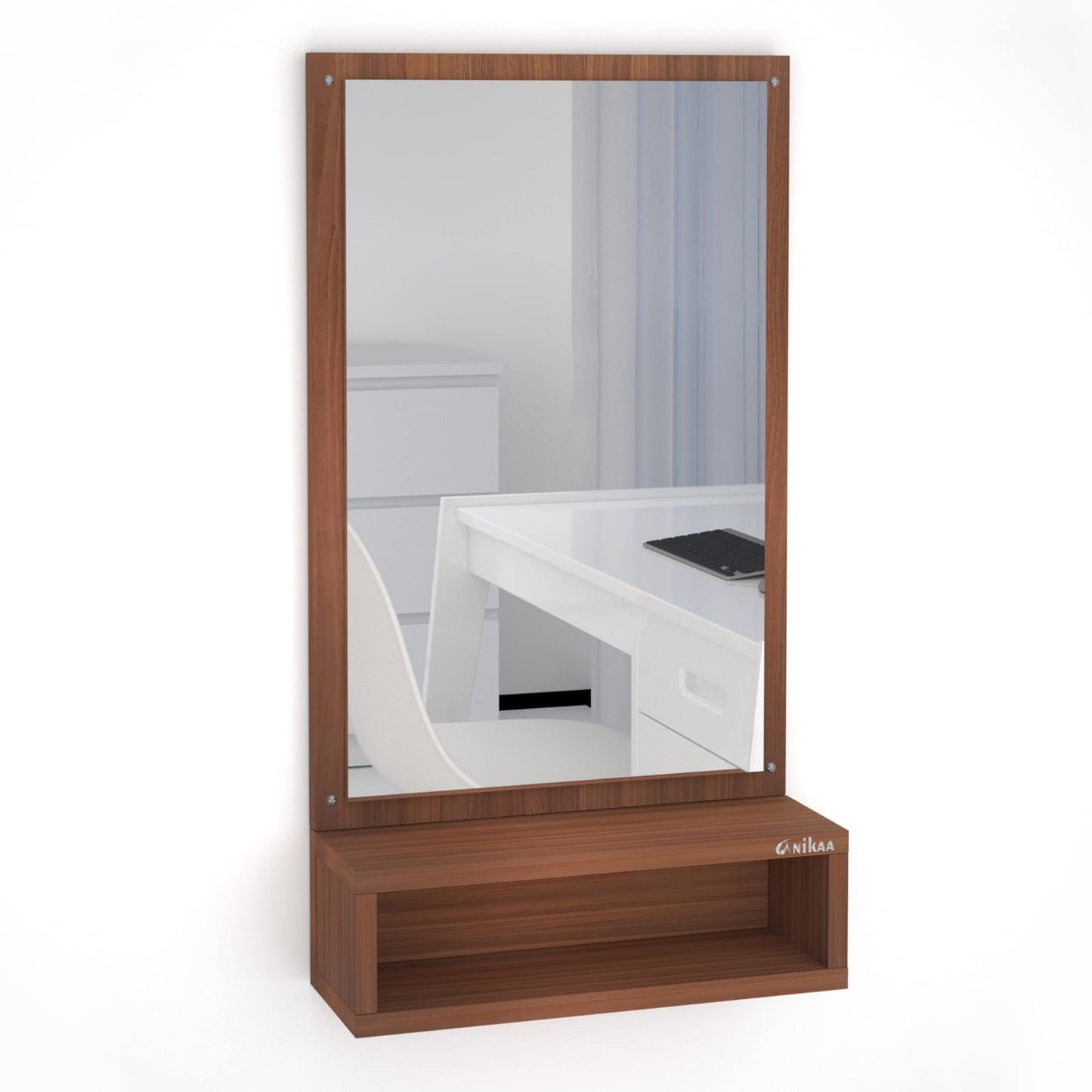 Contemporary Wall Mirror with Shelf - Walnut Finish - 81 cm x 35 cm - Engineered Wood - Rectangular Design