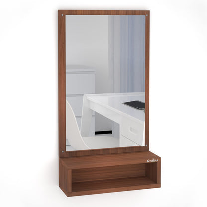 Contemporary Wall Mirror with Shelf - Walnut Finish - 81 cm x 35 cm - Engineered Wood - Rectangular Design