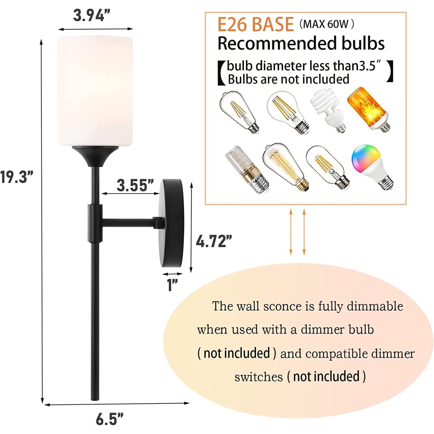 Wall Mounted Lamp Modern Accent Light Black Glass Shade E27 Bulb Compatible 30cm