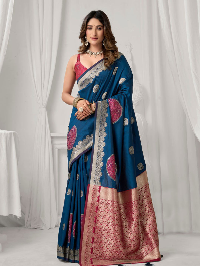 Monjolika Fashion Navy Blue Soft Banarasi Silk Blend Zari Woven Saree with Blouse Piece
