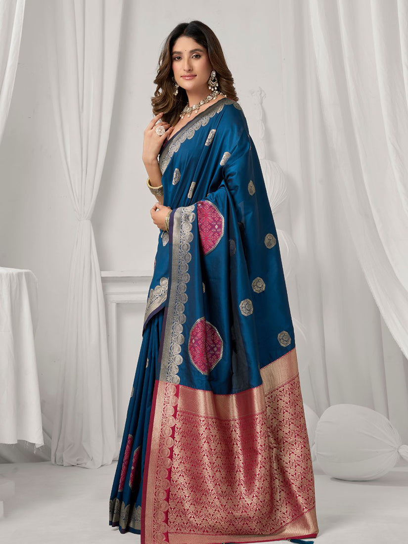 Monjolika Fashion Navy Blue Soft Banarasi Silk Blend Zari Woven Saree with Blouse Piece