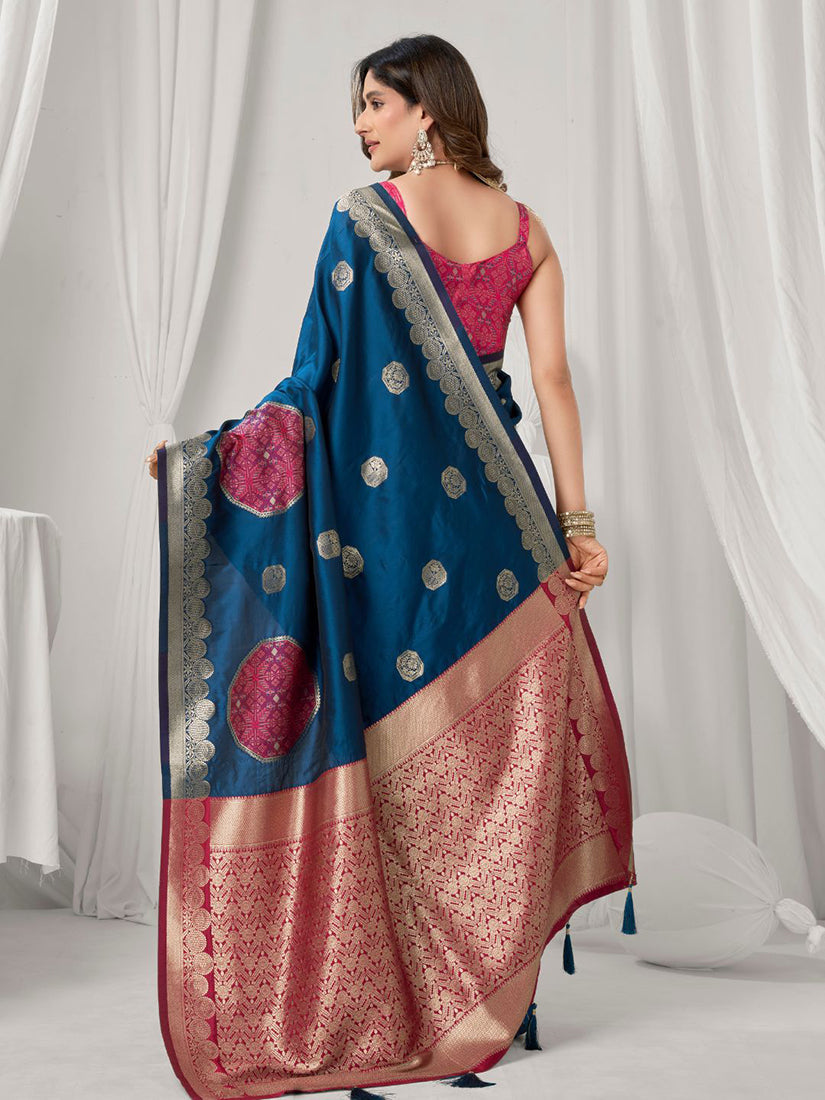 Monjolika Fashion Navy Blue Soft Banarasi Silk Blend Zari Woven Saree with Blouse Piece