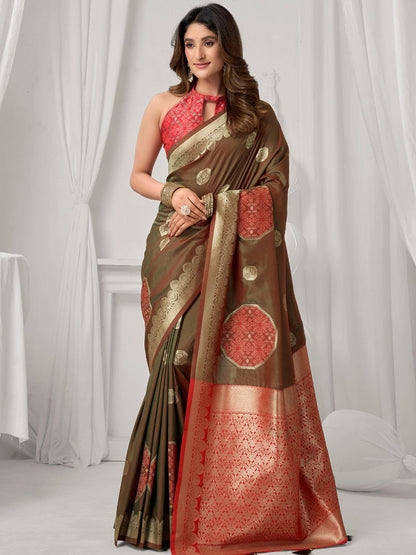 Monjolika Fashion Brown Soft Banarasi Silk Blend Zari Woven Saree with Blouse Piece