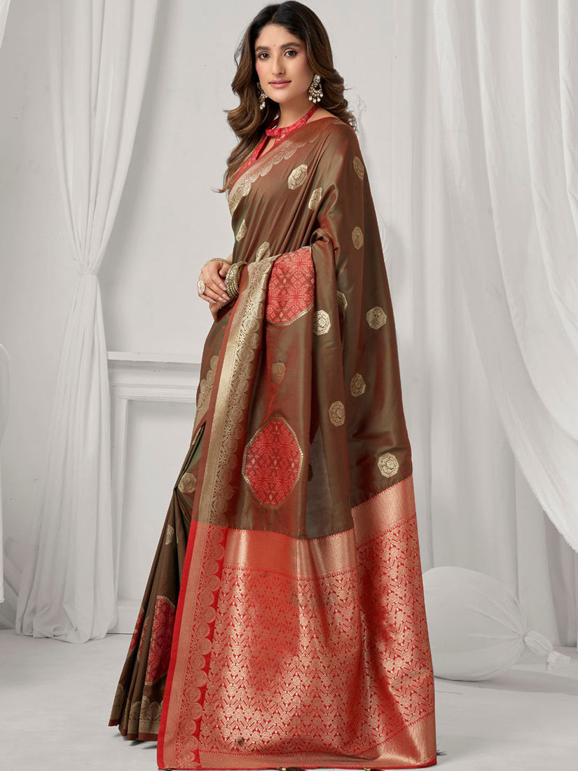 Monjolika Fashion Brown Soft Banarasi Silk Blend Zari Woven Saree with Blouse Piece