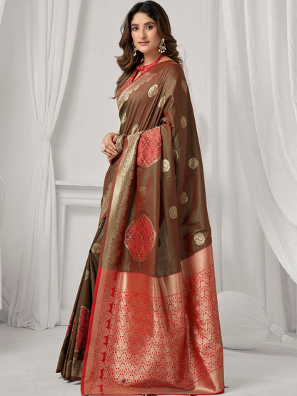 Monjolika Fashion Brown Soft Banarasi Silk Blend Zari Woven Saree with Blouse Piece