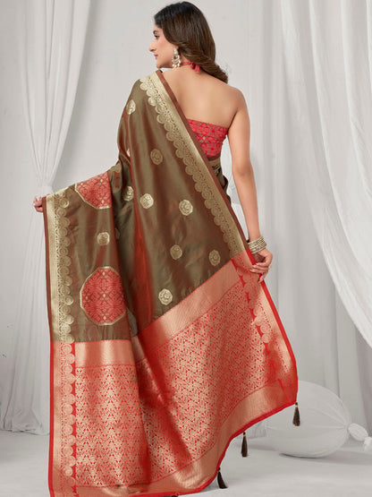Monjolika Fashion Brown Soft Banarasi Silk Blend Zari Woven Saree with Blouse Piece