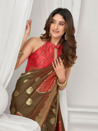 Monjolika Fashion Brown Soft Banarasi Silk Blend Zari Woven Saree with Blouse Piece