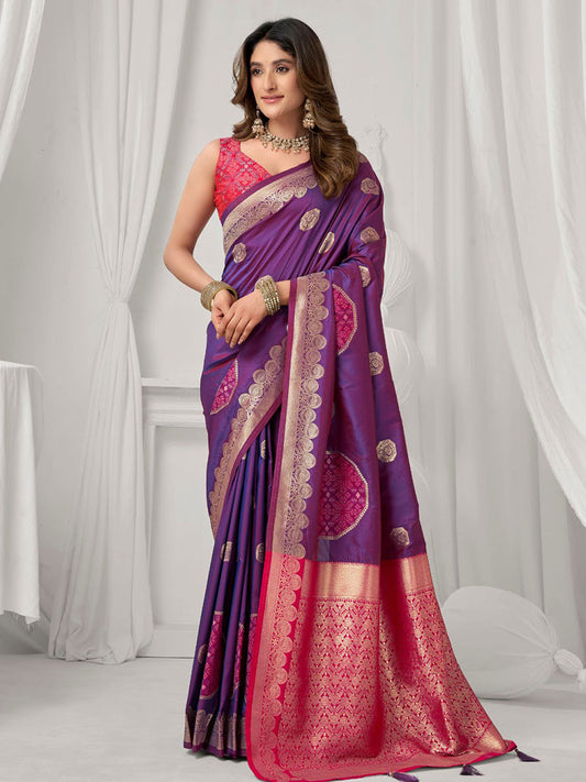 Monjolika Fashion Violet Soft Banarasi Silk Blend Zari Woven Saree with Blouse Piece