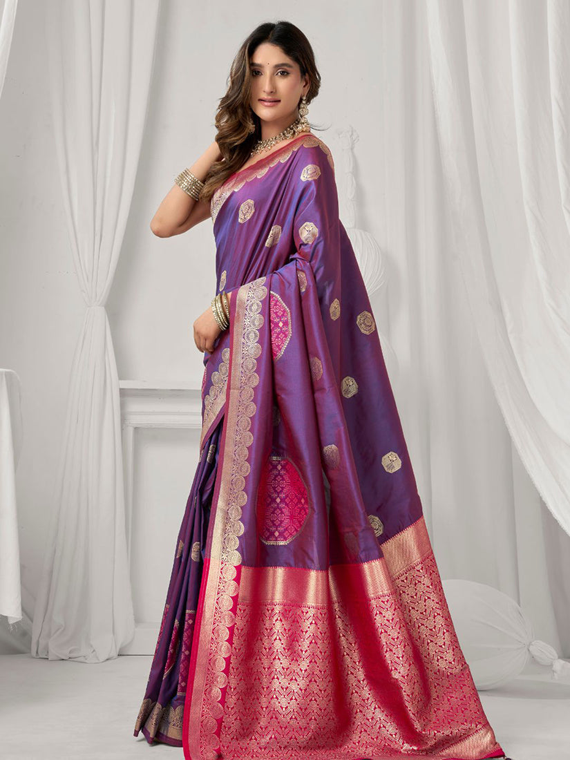 Monjolika Fashion Violet Soft Banarasi Silk Blend Zari Woven Saree with Blouse Piece