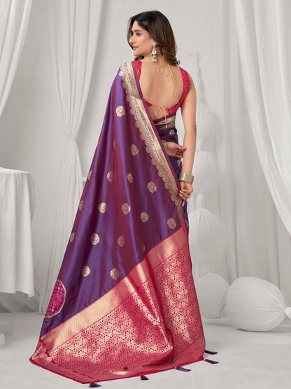 Monjolika Fashion Violet Soft Banarasi Silk Blend Zari Woven Saree with Blouse Piece