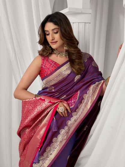 Monjolika Fashion Violet Soft Banarasi Silk Blend Zari Woven Saree with Blouse Piece
